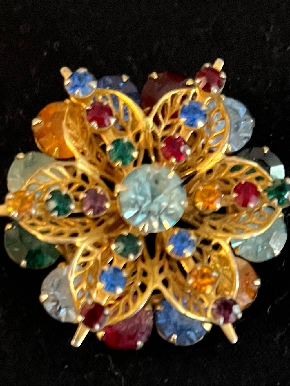 Old Vintage Multicolor Crystal Floral Brooch - Gold Tone